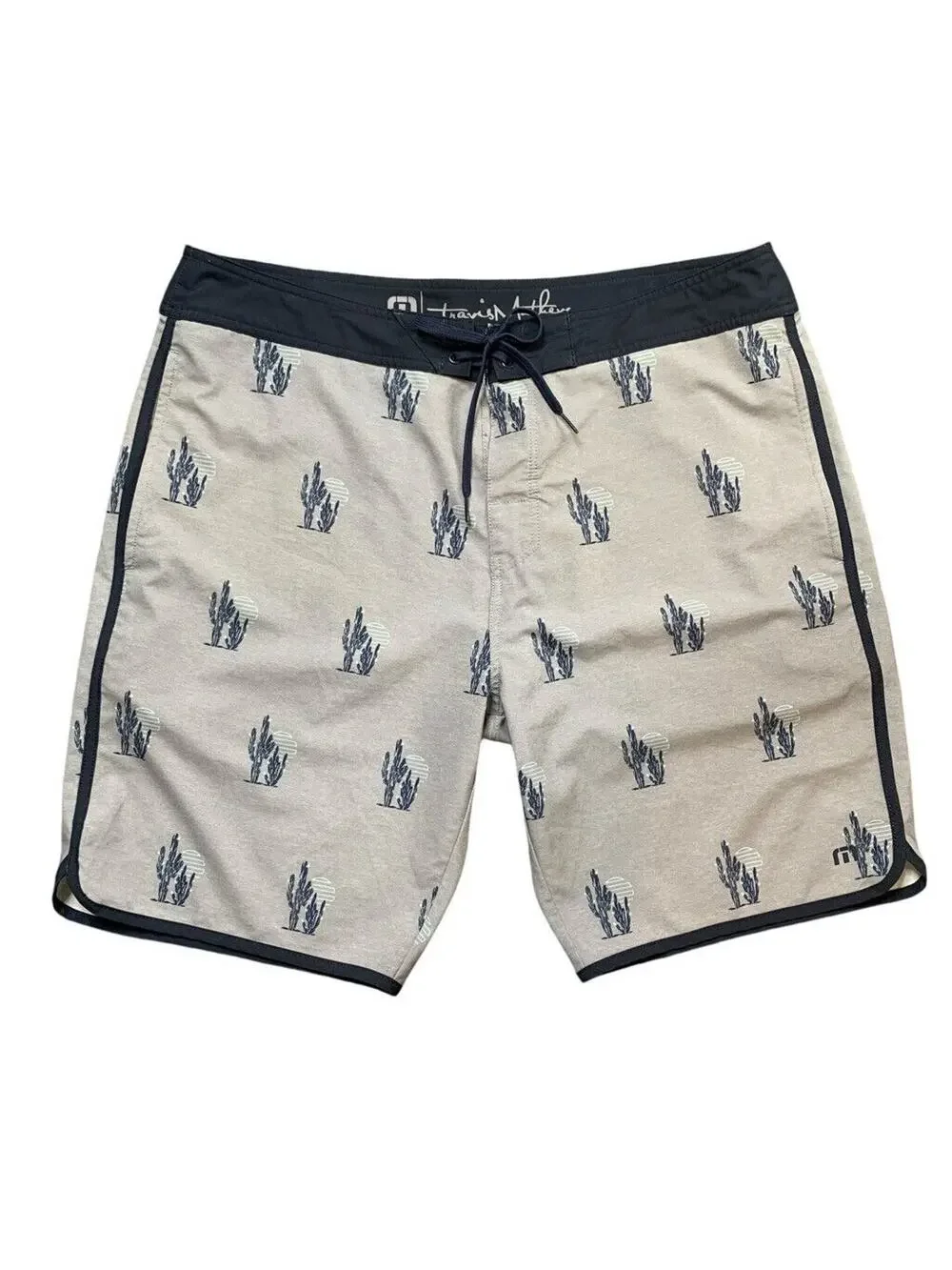 Travis Mathew Board Shorts Mens 38 Grey Navy Sand In My Beer Cactus Surfing Swim